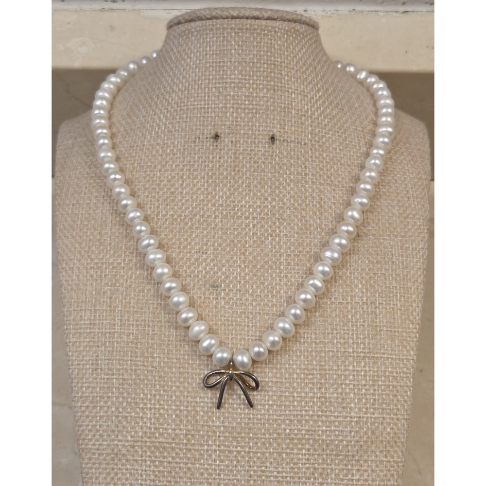 1990s Sterling Silver Bow & Pearl Adjustable Necklace 15-17" - Picture 2 of 6